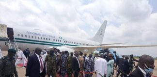 President Buhari at the Yola International Airport, was received by the State Governor, Ahmadu Fintiri.