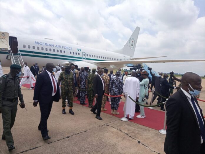 President Buhari at the Yola International Airport, was received by the State Governor, Ahmadu Fintiri.