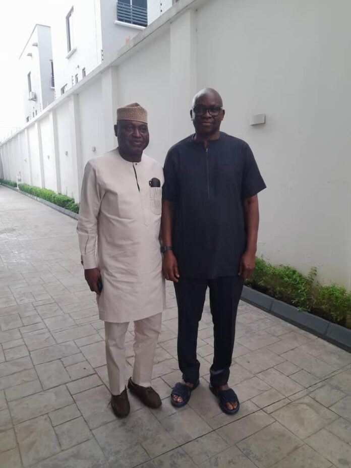 Ekiti state Governor-elect, Biodun Oyebanji (L), paying a courtesy visit to former Governor of the state, Ayo Fayose (R), in his Lagos residence.