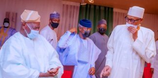 (L-R) Former Protem Chairman of the All Progressives Congress (APC), Chief Bisi Akande, Vice President Yemi Osinbajo and President Muhammadu Buhari at the consultative dinner on consensus candidate held at the State House, Abuja on Sunday.