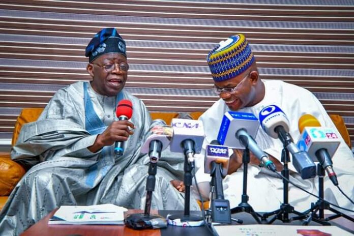 The All Progressives Congress (APC) Presidential Candidate, Asiwaju Bola Ahmed Tinubu (L), paying a courtesy visit to Governor Yahaya Bello (R) of Kogi state at the latter's Campaign Office in Abuja.