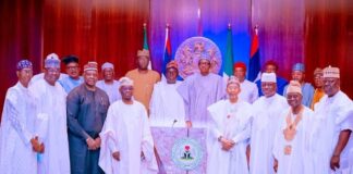 President Muhammadu Buhari, his Chief of Staff, Professor Ibrahim Gambari, and the Secretary to the Government of the Federation, Boss Mustapha, in a meeting with 22 aggrieved Senators of the All Progressives Congress (APC) held at the State House, Abuja, on Tuesday.