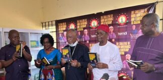 L-R, Dr. Patrick Obi, Prof. Chinyere Stella Okunna, Bishop Obi Onubogu, Prof. Uzodinma Nwala and Mr. Abia Onyike at the unveiling of the book, “The Challenge of Good Governance and Leadership in Nigeria: Eight Years of Peter Obi in Anambra State”, at Enugu yesterday.