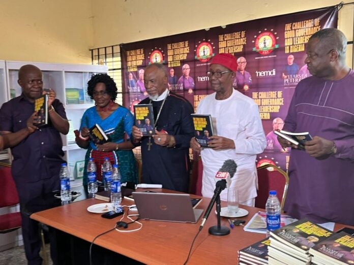 L-R, Dr. Patrick Obi, Prof. Chinyere Stella Okunna, Bishop Obi Onubogu, Prof. Uzodinma Nwala and Mr. Abia Onyike at the unveiling of the book, “The Challenge of Good Governance and Leadership in Nigeria: Eight Years of Peter Obi in Anambra State”, at Enugu yesterday.