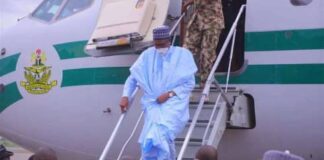 President Muhammadu Buhari at the Airforce Wing Maiduguri International Airport