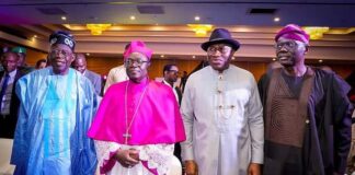 (L-R) The All Progressives Congress (APC) Presidential candidate, Bola Ahmed Tinubu, the celebrant, Mathew Hassan Kukah, former President, Dr Goodluck Ebele Jonathan, and Governor Babajide Sanwo-Olu of Lagos state during Kukah's 70th birthday celebration in Abuja on Wednesday.