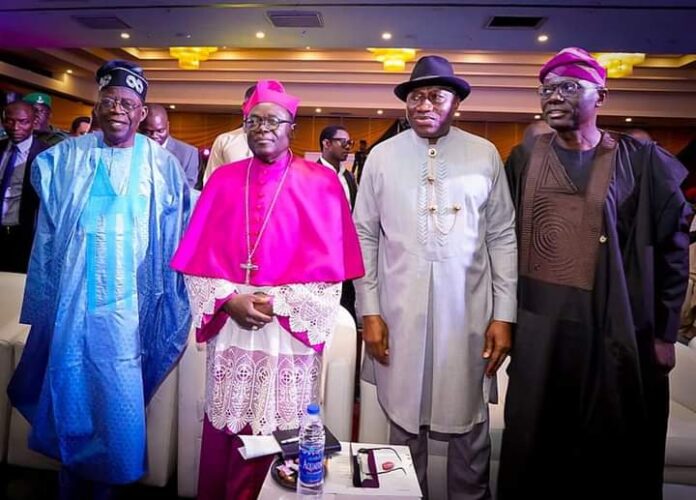 (L-R) The All Progressives Congress (APC) Presidential candidate, Bola Ahmed Tinubu, the celebrant, Mathew Hassan Kukah, former President, Dr Goodluck Ebele Jonathan, and Governor Babajide Sanwo-Olu of Lagos state during Kukah's 70th birthday celebration in Abuja on Wednesday.