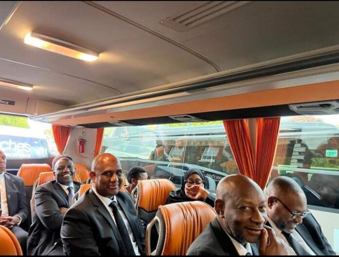 Some African and world leaders traveling in a bus to attend Queen Elizabeth's funeral at Westminster Abbey