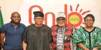 The Labour Party (LP) Presidential candidate, Peter Obi, and Ondo state governor, Rotimi Akeredolu (Both in the Middle) when the former paid the governor a condolence visit in Akure on Tuesday.