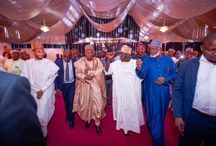 Governor Abdullahi Ganduje and the All Progressives Congress (APC) presidential candidate, Bola Ahmed Tinubu, meeting Tijanniyyah leaders in Kano on Sunday.