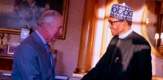 King Charles III (L) of UK welcoming President Muhammadu Buhari (R) to the Buckingham Palace in London on Wednesday.