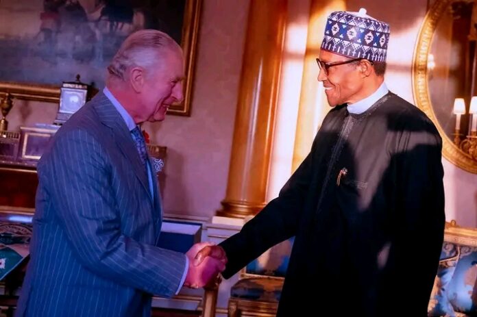King Charles III (L) of UK welcoming President Muhammadu Buhari (R) to the Buckingham Palace in London on Wednesday.