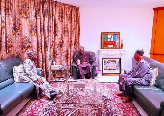 The All Progressives Congress (APC) presidential candidate, Bola Ahmed Tinubu (L), and national chairman of the party, Senator Abdullahi Adamu, (R) in the State House, Abuja to welcome President Muhammadu Buhari (M) who just returned from a medical break in London.