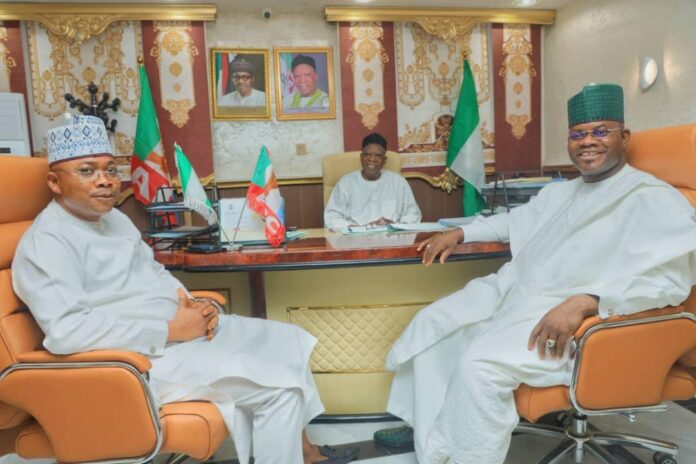 Senator Abdullahi Adamu (M), Hon. Ododo Ahmed Usman (L) and Governor Yahaya Bello (R)