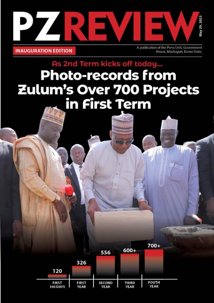 The new publication titled PZ REVIEW- Inauguration Edition which contains 830 pictures taken from over 700 capital projects executed by Borno State Governor, Professor Babagana Umara Zulum