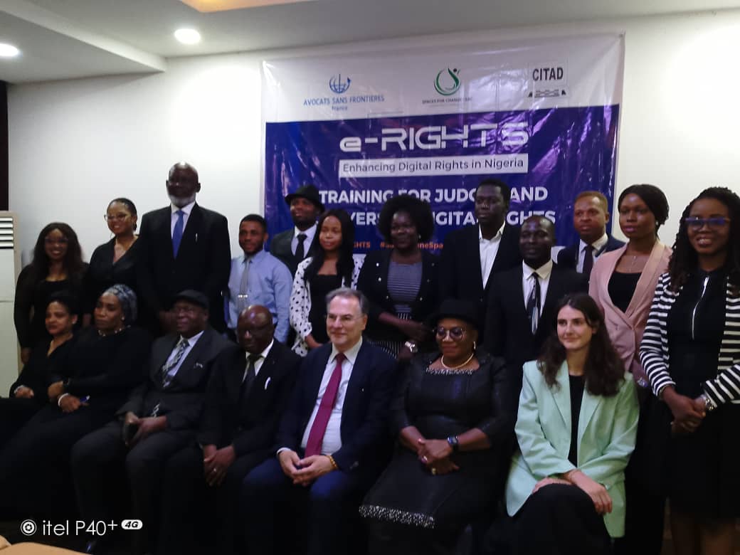 Group photograph during the opening ceremony of a two-day e-rights training for judges and lawyers on digital rights, with Angela Uwandu Uzoma-Iwuchukwu (M)
