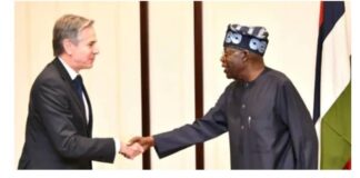 US Secretary of State, Antony Blinken exchanging handshakes with President Bola Ahmed Tinubu earlier today at the Villa