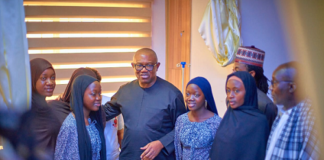 The Labour Party‘s presidential candidate, Peter Obi together with the family of Nabeeha during the visit