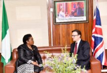 L-R: Head of the Civil Service of the Federation, Mrs Didi Esther Walson-Jack and the British High Commissioner to Nigeria, Dr Richard Montgomery, during the latter’s visit to her office