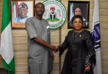 Photo Caption: R-L: Head of the Civil Service of the Federation ((HCSF), Mrs Didi Esther Walson-Jack, in a handshake with the President of the Federal Public Service Games (FEPSGA), Mr Aloku Amaebi when the latter and his excos met with the HCSF to brief her on preparations for the 2024 FEPSGA.