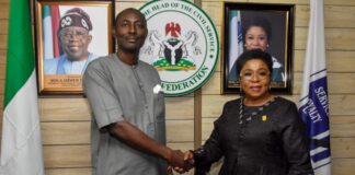 Photo Caption: R-L: Head of the Civil Service of the Federation ((HCSF), Mrs Didi Esther Walson-Jack, in a handshake with the President of the Federal Public Service Games (FEPSGA), Mr Aloku Amaebi when the latter and his excos met with the HCSF to brief her on preparations for the 2024 FEPSGA.