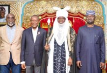 (L-R) The Executive Secretary/CEO of the National Sugar Development Council (NSDC), Mr. Kamar Bakrin, the Minister of State for Industry, Senator John Owan Enoh, the Emir of Lafiagi and NSDC Board Member, HRH Alhaji Mohammed Kudu Kawu, and the Group Executive Director of BUA Foods, Alhaji Kabir Rabiu, during the Minister’s inspection visit to the Lafiagi Sugar Company (LASUCO).